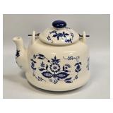 (B) Vintage Blue & White Porcelain Teapot 7"W 6"T