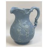 (C) Vintage Blue Satin Pitcher With Grapes and