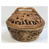 (C) Vintage Hand Carved Wooden Bowl with Lid,