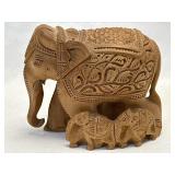 (B) Engraved Brown Teak Wood Elephant Statue Hand