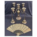 (A) 4 Brass Pieces-Candelabra, Bells, Fan