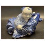 (A) Vintage Blue & White Asian Chinese Boy Koi