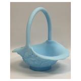 (C) Vintage Blue Satin Fenton Glass Basket With