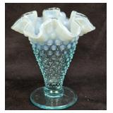 (E) Fenton Blue Opalescent Hobnail Ruffled Vase