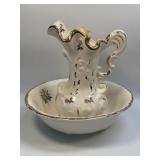 (A) Vintage Wash Basin Bowl and Floral Pitcher
