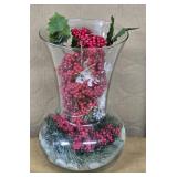 (E) Clear Glass 10" Vase w/Artificial Holly