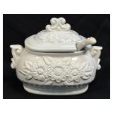 (B) Vintage White Ceramic Soup Tureen with Ladle