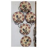 5 Ceramic 8" Rooster Plates on Wire Frame Stand