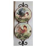 Decorative Rooster Plates & Metal Hanger 11"W