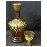 8" Hand Painted Bohemian Decanter & Glass