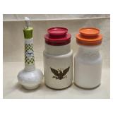 2 McCoy Canisters & Jergens Milk Glass Bottle