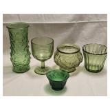 Green Glass Vases, Goblet & Custard Cup