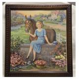 Vintage Framed Woman w/ Horse Print by Adelaide