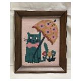 Framed Needlepoint Cat w/ Umbrella 10ï¿½"x 12ï¿½"