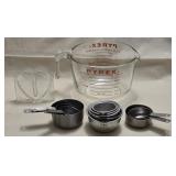 Pyrex & Tin Measuring Cups & Glass Heart