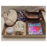 Baskets, Wooden Tray, Seashell Trinket Box, Cat