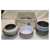 Plastic Crate, 3 Planters & Rolling Wire Stand