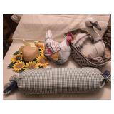 Straw Hat, Wicker Basket, Fabric Chicken, Goose &