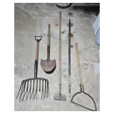 Pitch Fork,  Shovel, Hoe, Pry Bar & Weed Cutter