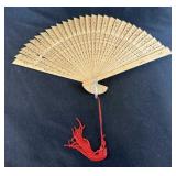 Japanese Bamboo Fan With Openwork Carvings, Red
