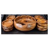 Vintage Scalloped Hand Carved Wood Salad Bowl Set