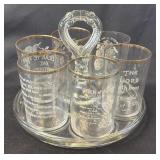 Vintage Glass Caddy Set With 6 Gold Rimmed Faith