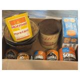 Several Vintage Tin Cans and Basket Covers As
