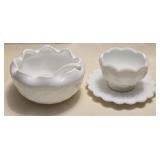 Milk Glass Ruffled Bowl, Paneled Grape Footed