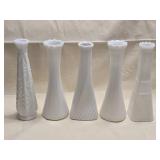 5 Milk Glass Vases 9" tall
