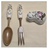 Handpainted Ceramic Fork, Spoon & Cat Candle