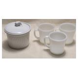 White Ceramic Sugar Bowl & 3 Milk Glass Coffee