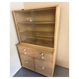 Vintage MCM Blonde Wood Hutch With Glass Upper