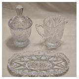 Cut Glass Creamer, Sugar & Pickle Dish