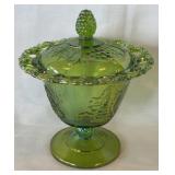 Vintage Green Carnival Glass Lidded Candy Dish