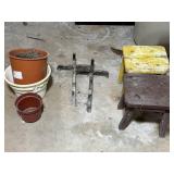 2 Primitive Stools, Cast Iron And Irons, Flower