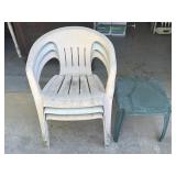 3 Plastic Yard Chairs and 1 Plastic Side Table As