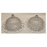 2 Clear Glass Covered Cheese Dishes