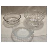 2 Clear Glass Serving Bowls & Punch Bowl & Glass