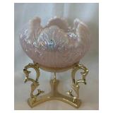 Fenton Pink Opalescent Rose Bowl w/Brass Stand,