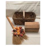 Woven Basket, Straw Broom & Wooden Box