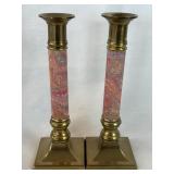 Vintage Brass Candlesticks with Marbled Pink