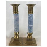 Vintage Brass Candlesticks with Marbled Blue