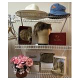 U - MIXED LOT OF HATS, WIGLETS W/STAND, HOME DECOR