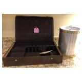 U - SILVERWARE CHEST, CYLINDER JAR W/ CONTENTS