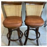 Y - 2 WOODEN  BAR STOOLS W/ LEATHER & CANE (D69)