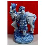 11 -CHINESE WARRIOR BLUE/WHITE CERAMIC SCULPTURE