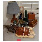 L - TABLE LAMP, FIGURINES, TISSUE BOX COVER, CADDY