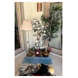 L - FAUX TREE & FLOWERS, CANDLESTICKS, ROPELIGHTS