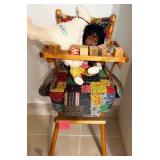 L - HIGH CHAIR W/ PATCHWORK , DOLL, PILLOW (C91)