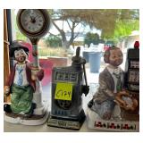 L - CLOWN CLOCK, FIGURINE, SLOT MACHINE DECANTER